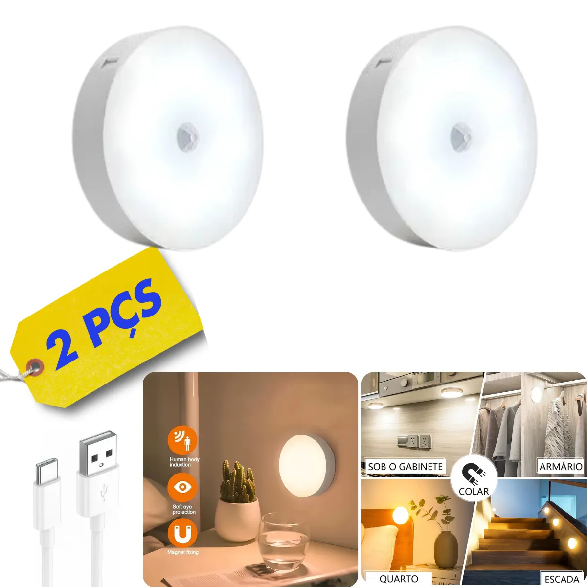 Solução curada: Luminária Led Recarregável Com Sensor De Movimento E Presença, Luz Noturna Automática Sem Fio Para Armário, Escada, Quarto E Parede